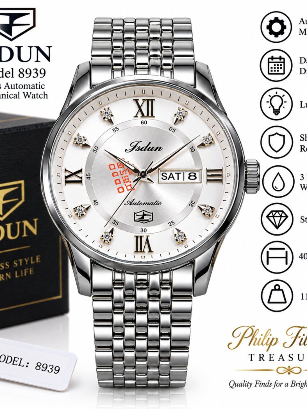 WA-34--JSDUN 8939 Men's Automatic Mechanical Blue Silver Stainless Steel Watch 4